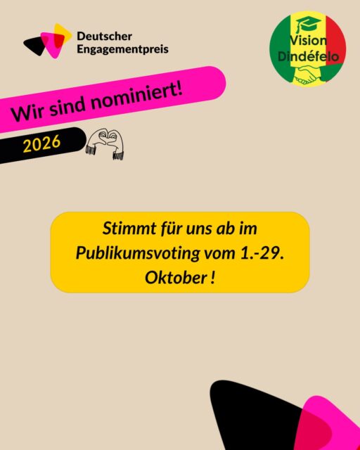 Es ist soweit! Bis zum 29. Oktober könnt ihr für uns beim Publikumspreis des Deutschen Engagementpeises abstimmen. 
Link in Bio! 

Vielen Dank für eure Unterstützung!

#senegal #bildungsgerechtigkeit #engagement #ehrenamt